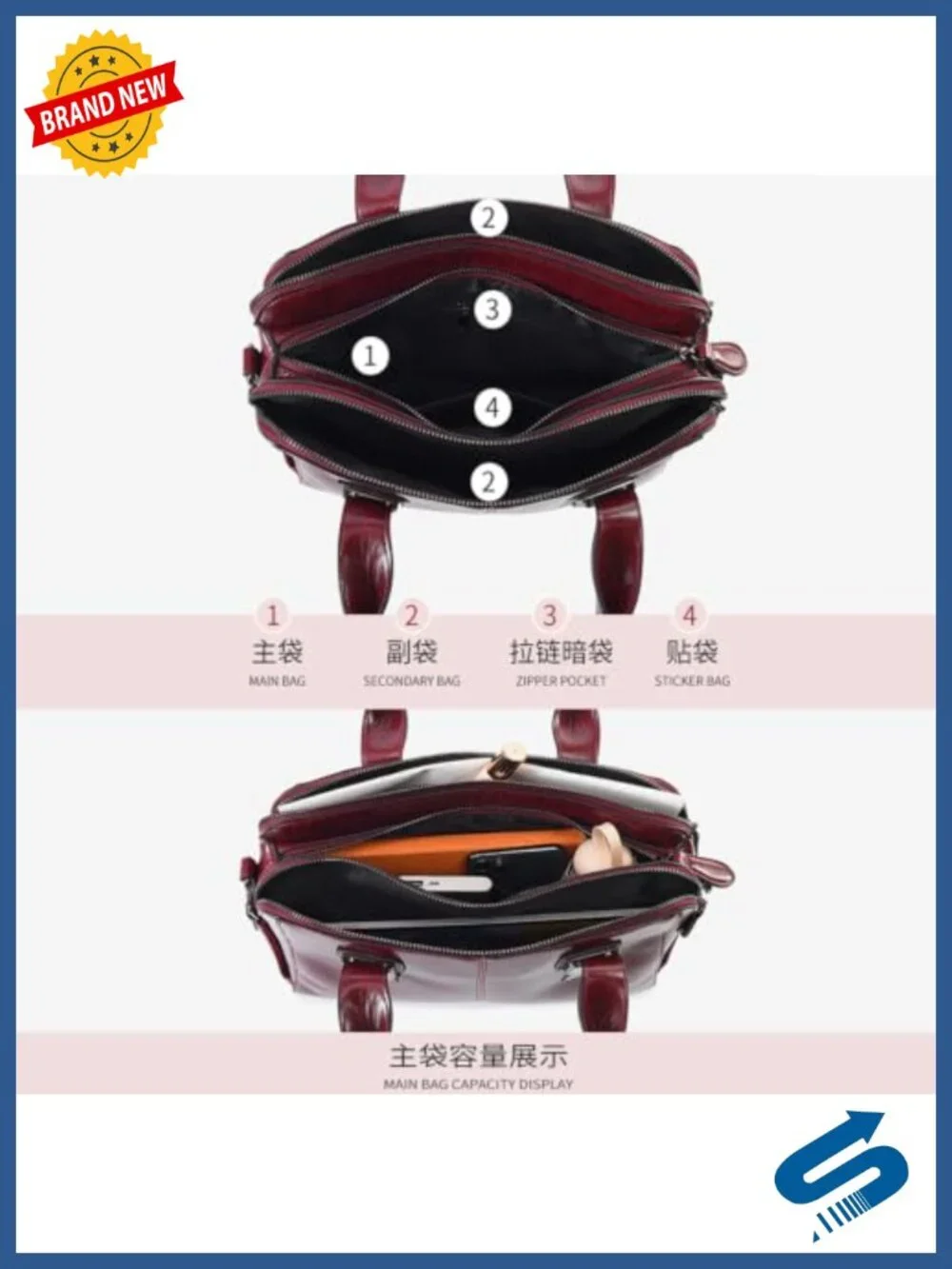 PU Leather Satchel Tote Bag with 3 Zipper Compartments